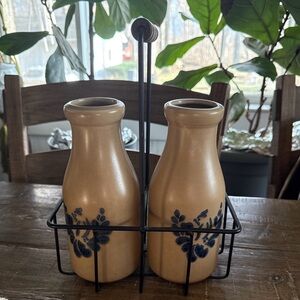 Pfaltzgraff Folk Art Milk Bottles with Caddy Tan with Blue Floral Accents